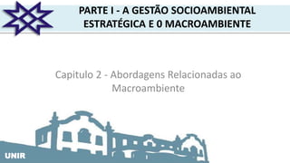 UNIRUNIR
PARTE I - A GESTÃO SOCIOAMBIENTAL
ESTRATÉGICA E 0 MACROAMBIENTE
Capitulo 2 - Abordagens Relacionadas ao
Macroambiente
 