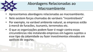 UNIR
Abordagens Relacionadas ao
Macroambiente
• Apresentamos abordagens relacionadas ao macroambiente.
• Nele existem forças chamadas de variáveis “incontroláveis”
• Por exemplo, na variável ambiente natural, as empresas estão
à mercê de furacões, tsunamis, terremotos etc.
• O que as organizações podem fazer é reagir contra essas
circunstâncias não instalando empresas em lugares sujeitos a
esse tipo de calamidade ou fazer investimentos elevados em
apólices de seguros.
 