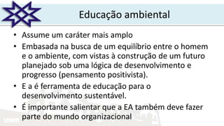 UNIR
Educação ambiental
• Assume um caráter mais amplo
• Embasada na busca de um equilíbrio entre o homem
e o ambiente, com vistas à construção de um futuro
planejado sob uma lógica de desenvolvimento e
progresso (pensamento positivista).
• E a é ferramenta de educação para o
desenvolvimento sustentável.
• É importante salientar que a EA também deve fazer
parte do mundo organizacional
 