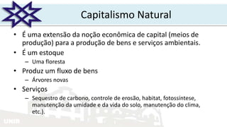 UNIR
Capitalismo Natural
• É uma extensão da noção econômica de capital (meios de
produção) para a produção de bens e serviços ambientais.
• É um estoque
– Uma floresta
• Produz um fluxo de bens
– Árvores novas
• Serviços
– Sequestro de carbono, controle de erosão, habitat, fotossíntese,
manutenção da umidade e da vida do solo, manutenção do clima,
etc.).
 