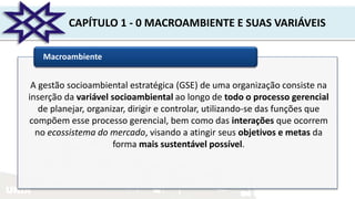 UNIR
CAPÍTULO 1 - 0 MACROAMBIENTE E SUAS VARIÁVEIS
Macroambiente
A gestão socioambiental estratégica (GSE) de uma organização consiste na
inserção da variável socioambiental ao longo de todo o processo gerencial
de planejar, organizar, dirigir e controlar, utilizando-se das funções que
compõem esse processo gerencial, bem como das interações que ocorrem
no ecossistema do mercado, visando a atingir seus objetivos e metas da
forma mais sustentável possível.
 