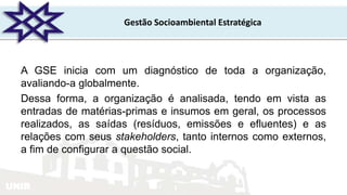 UNIR
Gestão Socioambiental Estratégica
A GSE inicia com um diagnóstico de toda a organização,
avaliando-a globalmente.
Dessa forma, a organização é analisada, tendo em vista as
entradas de matérias-primas e insumos em geral, os processos
realizados, as saídas (resíduos, emissões e efluentes) e as
relações com seus stakeholders, tanto internos como externos,
a fim de configurar a questão social.
 