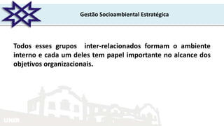UNIR
Gestão Socioambiental Estratégica
Todos esses grupos inter-relacionados formam o ambiente
interno e cada um deles tem papel importante no alcance dos
objetivos organizacionais.
 