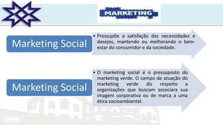 UNIR
e a GSE
• Pressupõe a satisfação das necessidades e
desejos, mantendo ou melhorando o bem-
estar do consumidor e da sociedade.Marketing Social
• O marketing social é o pressuposto do
marketing verde. O campo de atuação do
marketing verde diz respeito a
organizações que buscam associara sua
imagem corporativa ou de marca a uma
ética socioambiental.
Marketing Social
 