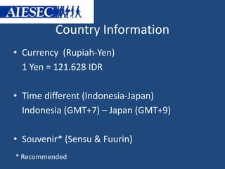 Country Information 
• Currency (Rupiah-Yen) 
1 Yen = 121.628 IDR 
• Time different (Indonesia-Japan) 
Indonesia (GMT+7) – Japan (GMT+9) 
• Souvenir* (Sensu & Fuurin) 
* Recommended 
 