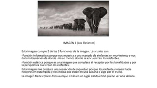 IMAGEN 1 (Los Elefantes)
Esta imagen cumple 2 de las 3 funciones de la imagen. Las cuales son:
-Función informativa porque nos muestra a una manada de elefantes en movimiento y nos
da la información de donde mas o menos donde se encuentran los elefantes.
-Función estética porque es una imagen que complace al receptor por las tonalidades y por
la perspectiva que crean los elefantes.
Esta imagen nos produce una sensación de inquietud porque los elefantes vienen hacía
nosotros en estampida y nos indica que están en una sábana o algo por el estilo.
La imagen tiene colores fríos aunque están en un lugar cálido como puede ser una sábana.
 