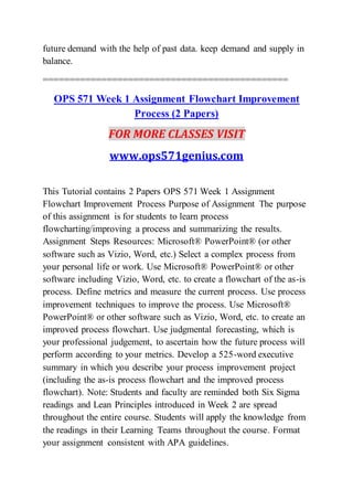 future demand with the help of past data. keep demand and supply in
balance.
==============================================
OPS 571 Week 1 Assignment Flowchart Improvement
Process (2 Papers)
FOR MORE CLASSES VISIT
www.ops571genius.com
This Tutorial contains 2 Papers OPS 571 Week 1 Assignment
Flowchart Improvement Process Purpose of Assignment The purpose
of this assignment is for students to learn process
flowcharting/improving a process and summarizing the results.
Assignment Steps Resources: Microsoft® PowerPoint® (or other
software such as Vizio, Word, etc.) Select a complex process from
your personal life or work. Use Microsoft® PowerPoint® or other
software including Vizio, Word, etc. to create a flowchart of the as-is
process. Define metrics and measure the current process. Use process
improvement techniques to improve the process. Use Microsoft®
PowerPoint® or other software such as Vizio, Word, etc. to create an
improved process flowchart. Use judgmental forecasting, which is
your professional judgement, to ascertain how the future process will
perform according to your metrics. Develop a 525-word executive
summary in which you describe your process improvement project
(including the as-is process flowchart and the improved process
flowchart). Note: Students and faculty are reminded both Six Sigma
readings and Lean Principles introduced in Week 2 are spread
throughout the entire course. Students will apply the knowledge from
the readings in their Learning Teams throughout the course. Format
your assignment consistent with APA guidelines.
 