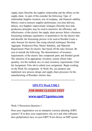 supply chain Describe the supplier relationship and the effects on the
supply chain. As part of this consider the following: Type of
relationship Supplier location, size of company, and financial stability
Metrics used to measure supplier performance (on-time delivery,
defects, etc) Supplier improvement strategies Describe how lean
production principles may be used to maximize the efficiency and
effectiveness of the electric fan supply chain process Select a business
forecasting technique (qualitative or quantitative) for the electric fans
and describe the forecasting process to be used at Riordan Create a
sales forecast for electric fans using selected techniques Develop
Aggregate Production Plan, Master Schedule, and Materials
Requirement Plans for electric fans based off the sales forecast. Be
sure to include the following: The determination of inventory
requirements of the electric fans component parts and finished goods
The selection of an appropriate inventory system (fixed order
quantity, two bin method, etc.) to meet inventory requirements Click
the Assignment Files tab to submit your assignment. Begin working
on the Week Six assignment. In Week Six, you propose and
implement new process design and supply chain processes for the
manufacturing of Riordan's electric fans.
==============================================
OPS 571 Week 5 DQ 1
FOR MORE CLASSES VISIT
www.ops571genius.com
Week 5 Discussion Question 1
Does your organization use an enterprise resource planning (ERP)
systems? If so does your organization rely on it and what influence
does globalization have on your ERP? If not choose an ERP system
 