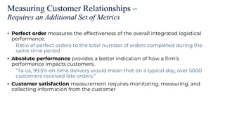 Measuring Customer Relationships –
Requires an Additional Set of Metrics
• Perfect order measures the effectiveness of the overall integrated logistical
performance.
Ratio of perfect orders to the total number of orders completed during the
same time period
• Absolute performance provides a better indication of how a firm’s
performance impacts customers.
“To us, 99.5% on-time delivery would mean that on a typical day, over 5000
customers received late orders.”
• Customer satisfaction measurement requires monitoring, measuring, and
collecting information from the customer
 