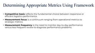Determining Appropriate Metrics Using Framework
• Competitive basis reflects the fundamental choice between responsive or
efficient logistics performance.
• Measurement focus is a continuum ranging from operational metrics to
strategic metrics
• Measurement frequency is the need to monitor day-to-day performance
versus less frequent review to diagnose performance problems.
 