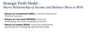 Strategic Profit Model –
Shows Relationship of Income and Balance Sheet to ROA
• Return on investment (ROI) is critical measure of
financial success.
• Return on net work (RONW) measures
profitability of funds invested by owners.
• Return on assets (ROA) measures profitability
generated by managing operational assets.
 