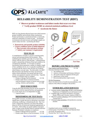 RELIABILITY DEMONSTRATION TEST (RDT)
                Discover product weaknesses and failure modes that occur over time
                    Verify product MTBF at a desired statistical confidence level
                                      Accelerate the future

RDTs are long duration physical stress tests which measure
product reliability and accelerate failure mechanisms.                                                    Demonstrated
Product performance is monitored and data is statistically                                                200,000 hour
analyzed to determine if it meets its goal. Accelerated                                                   MTBF!!!!!
environments (elevated stresses) and multiple samples are
used to reduce test time - accelerating the future!

     Demonstrate and quantify product reliability
     Ensure confidence prior to initial shipments                   F
       Plan warranty costs and spares strategy                      a                   T
        Satisfy your customer’s requirements                        i                EC
                                                                                  EJ                 E
                                                                    l           R                 NU
                                                                                                TI
                     TEST PLAN                                      u                         N
                                                                                            CO               PT
A comprehensive Test Plan is crucial to ensuring timely             r                                      CE
success and maximum Return On Investment. After                     e                                    AC
establishing the reliability goal, Ops A La Carte works             s
closely with the client to create the plan. A demonstration
model is selected then all factors (fixed and variable) to be                                              Test Time
considered are identified. A 3-D matrix of options
(acceleration factor parameters, number of samples, length
of test, confidence levels, etc.) is typically assembled and            REPORT AND PRESENTATION
reviewed with the client to select the best set of options      Final Analysis and Detailed Report        ~$ 1-2K
which balance cost and value. The deliverable is an RDT         Executive Summary format explains:
Plan document with detailed test setup, test protocols,                 The methods used
failure criteria definitions, the amount and type of test               Analysis of the product performance (failures)
articles, test equipment required, and total time. Typically            The results achieved compared with the goal
requires 5-10 business days to complete.                                Significance of the results
   ○ Product in Benign End Environment              ~$ 2-3K             Recommended product improvements
   ○ Product under Stress in End Environment                    On-Site Presentation                          ~$ 1-2K
       (end environment consists of stresses such as temp.      One to two hour review of results/recommendations, with
       cycling, vibration, and humidity)           ~$ 3-10K     analysis of the effects of changes to the product.

               TEST EXECUTION
Using the RDT Plan document, the test can be executed at                OTHER RELATED SERVICES
any location with the required facilities and equipment             Estimate product Failure Rate (MTBF) with Reliability
(e.g. at the client's site or an independent test lab).               Predictions at Component Level and System Level
   ○ Typical Product                             TBD                Establish risks associated with failures via Failure
                                                                      Modes Effects and Criticality Analysis (FMECA)
     MONITORING OF TEST DATA                                        Maximize product robustness with Accelerated Stress
During RDT execution, recorded results are reviewed on a              Testing (HALT)
regular basis to guide decisions on declaring it successful,        Eliminate infant mortalities with production screening
continuing, modifying, or abandoning the test. Ops A La               (HASS)
Carte’s engineering experience can ensure that product
behavior will be reviewed and interpreted appropriately in
its context. Deliverables are regular updates of progress                               TERMS
status via plots (using Weibull analysis methods) and brief     Expedited (rush) service available at nominal fee
Summary Worksheet with plots on completion.                     Formal quotes: Fixed Price or Time and Materials basis
   ○ Product in Benign End Environment            ~$ 2-3K       Invoicing: On progress basis
   ○ Product under Stress in End Environment ~$ 3-5K            Payment due: Net 15 days after invoice

                    Ops A La Carte LLC             www.opsalacarte.com            (408) 472-3889                         8/04
 