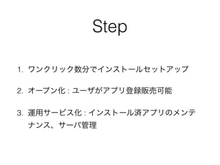 Step 
1. ワンクリック数分でインストールセットアップ 
2. オープン化 : ユーザがアプリ登録販売可能 
3. 運用サービス化 : インストール済アプリのメンテ 
ナンス、サーバ管理 
 