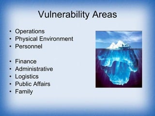 Vulnerability Areas Operations Physical Environment Personnel Finance Administrative Logistics Public Affairs Family 