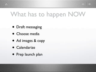 What has to happen NOW
• Draft messaging
• Choose media
• Ad images & copy
• Calendarize
• Prep launch plan
 