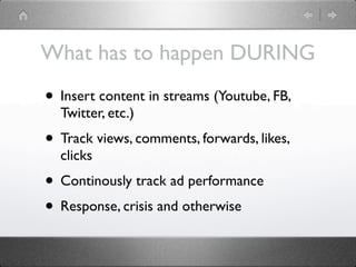 What has to happen DURING
• Insert content in streams (Youtube, FB,
  Twitter, etc.)
• Track views, comments, forwards, likes,
  clicks
• Continously track ad performance
• Response, crisis and otherwise
 