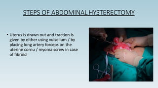 • Uterus is drawn out and traction is
given by either using vulsellum / by
placing long artery forceps on the
uterine cornu / myoma screw in case
of fibroid
STEPS OF ABDOMINAL HYSTERECTOMY
 