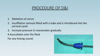 PROCEDURE OF D&I
1. Dilatation of cervix
2. Insufflation cannula fitted with a tube and is introduced into the
cervical canal
3. Increase pressure in manometer gradually
4.Auscultates over the flank
For any hissing sound.
 