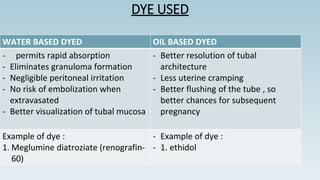 DYE USED
WATER BASED DYED OIL BASED DYED
- permits rapid absorption
- Eliminates granuloma formation
- Negligible peritoneal irritation
- No risk of embolization when
extravasated
- Better visualization of tubal mucosa
- Better resolution of tubal
architecture
- Less uterine cramping
- Better flushing of the tube , so
better chances for subsequent
pregnancy
Example of dye :
1. Meglumine diatroziate (renografin-
60)
- Example of dye :
- 1. ethidol
 