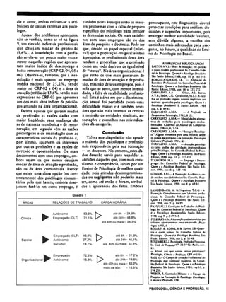 diz o autor, ambas refiram-se a atri-
buições de causas externas aos psicó-
logos.
Apesar dos problemas apontados,
não se verifica, como se vê na figura
9, um elevado índice de profissionais
que desejam mudar de profissão
(5,6%). A insatisfação com a profis-
são revela-se um pouco maior exata-
mente naquelas regiões que apresen-
tam maior índice de desemprego e
baixa remuneração (CRP-02, 04, 05 e
06). Observa-se, também, que a insa-
tisfação é mais quanto ao emprego
(média nacional de 25,2%, sendo
maior no CRP-02 e 04) e a área de
atuação (média de 13,6%, sendo mais
expressivas no CRP-03 que apresenta
um dos mais altos índices de psicólo-
gos atuando na área organizacional).
Dentre aqueles que querem mudar
de profissão as razões dadas com
maior freqüência para mudança são
as de natureza econômica e de remu-
neração; em seguida vêm as razões
psicológicas e de insatisfação com as
características sociais da profissão e,
por último, aparecem os interesses
por outras profissões e as razões de
mercado e oportunidades. Os mais
descontentes com seus empregos, em-
bora sejam os que menos desejam
mudar de área de atuação e profissão,
são os da área comunitária. Parece
que existe uma clara opção (ou con-
tentamento) dos psicólogos comuni-
tários pelo que fazem, embora dese-
jassem fazê-lo em outro emprego, é
também nesta área que estão os maio-
res problemas com a falta de preparo
específico do psicólogo para atender
as demandas sociais. Os mais satisfei-
tos com seus empregos são os das
área de pesquisa e docência. Pode ser
que, devido ao papel especial (místi-
ca?) que a população em geral atribui
à pesquisa, os profissionais desta área
tendam a generalizar que a profissão
como um todo desfrute de igual nível
de "status". Na área organizacional é
que estão os que mais gostariam de
mudar de área de atuação e de profis-
são, mas não de seus empregos, pois é
nela que se sente, com menor intensi-
dade, a falta de estabilidade profissio-
nal. Esta é a área em que a discrimina-
ção sexual foi percebida como uma
dificuldade maior; e é também nesta
área que são mais intensas as críticas
à omissão de entidades sindicais, as-
sociações e conselhos nas reivindica-
ções da categoria.
Conclusão
Talvez este diagnóstico não agrade
a maioria dos psicólogos e profissio-
nais responsáveis pela sua formação
— os docentes. No entanto, estes da-
dos deverão servir para respaldar as
atitudes daqueles que, com mais entu-
siasmo e competência, lutam por um
Ensino de Psicologia de melhor quali-
dade, pois atitudes descompromissa¬
das ou negligentes não poderão mais
ser, como até então o foram, atribuí-
das à ignorância dos fatos. Embora
preocupante, este diagnóstico deverá
propiciar condições para análises, dis-
cussões e sugestões importantes, pois
enxergar melhor a realidade favorece,
sem dúvida alguma, a escolha dos
caminhos mais adequados para asse-
gurar, no futuro, a qualidade do Ensi-
no da Psicologia no Brasil.
REFERENCIAS BIBLIOGRÁFICAS
BASTOS A.V.B.- Área de Atuação: em questão
o nosso modelo profissional. In: Conselho Fede-
ral de Psicologia. Quem é o Psicólogo Brasileiro.
São Paulo: Edicon, 1988, cap. 10, p. 163-193.
BORGES-ANDRADE, J.E. — Avaliação do
Exercício Profissional. In: Conselho Federal de
Psicologia. Quem é o Psicólogo Brasileiro. São
Paulo: Edicon, 1988, cap. 14, p. 252-272.
CARVALHO. A.A. Olian, A.L. Bastos.
A.V.B., Sodré, L.G., Cavalcante, M.L.P. A esco-
lha da profissão: alguns valores implícitos nos
motivos apontados pelos psicólogos. Quem é o
Psicólogo Brasileiro? S. Paulo: Edicon, 1988
cap. 3, p. 49-68.
CARVALHO. A.M.A. — A Profissão em
Perspectiva. Psicologia, 1982, 8 (2;.
CARVALHO, A.M.A — Modalidades alterna-
tivas de trabalho para psicólogos recém-
formados. Cadernos de Análise do Comporta-
mento, 1984-b, 6, 1-14.
CARVALHO, A.M.A. — Atuação Psicológi-
ca" Alguns elementos para uma reflexão sobre
os rumos da profissão e da formação. Psicologia
Ciência e Profissão 1984, (2;.
CARVALHO. A..M.A. — Atuação psicológi-
ca: uma análise das atividades desempenhadas
pelos Psicólogos. In: Conselho Federal de Psico-
logia. Quem é o Psicólogo Brasileiro. São Paulo:
Edicon, 1988, cap. 12, p. 217-235.
D'AMORIM. M.A. — Emprego e Desem-
prego. In: Conselho Federal de Psicologia.
Quem é o Psicólogo Brasileiro. São Paulo: Edi-
con, 1988, cap. 8, p. 138-148.
GOMIDE, P.I.C— A Formação Acadêmica: on-
de residem suas deficiências? In: Conselho Fede-
ral de Psicologia. Quem é o Psicólogo Brasileiro
São Paulo: Edicon, 1988. cap 4, p. 69-85.
LANGENBACH. M. 8c Negreiros. T.C.G. - A
Formação Complementar: um labirinto profis-
sional. In: Conselho Federal de Psicologia.
Quem é o Psicólogo Brasileiro. São Paulo: Edi-
con, 1988, cap. 5, p. 86-99.
PASQUALI.L.Condições de Trabalho do Psicó-
logo. In: Conselho Federal de Psicologia. Quem
è o Psicólogo Brasileiro.São Paulo: Edicon,
1988, cap 9. p. 149-162.
PEREIRAS.L.M.A formação profissional dos psi-
cólogos: apontamentos para um estudo. Psico-
logia, 1975, 1.
ROSAS.P. & ROSAS, A & Xavier, I.B.-Quan¬
tos e quem somos. In: Conselho Federal de
Psicologia. Quem é o Psicólogo Brasileiro. São
Paulo: Edicon, 1988, cap 2, p. 32-48.
ROSEMBERG.F. Psicologia, Profissão Feminina
In: Cad. de Pesquisa(47) 32-37 São Paulo, nov.
83.
— Afinal, por que somos tantas psicólogas?
Psicologia, Ciência e Profissão. CFP n° 1 /84.
SASS. O - O Campo de Atuação Profissional do
Psicólogo, esse confessor moderno. In: Conse-
lho Federal de Psicologia. Quem é o Psicólogo
Brasileiro. São Paulo: Edicon, 1988, cap 11, p.
194-216.
WEBER, S. Currículo Mínimo e o Espaço da
Pesquisa na Formação do Psicólogo. Psicologia,
Ciência e Profissão, 198
 