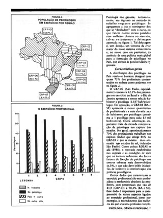Psicologia não garante, necessaria-
mente, seu ingresso no mercado de
trabalho enquanto psicólogos. Se
agregarmos a isso o contingente dos
que se "desiludem" com o curso, ou
que fazem outros cursos paralelos
com melhores chances no mercado,
talvez encontremos a defasagem
apontada na figura 1. Tal defasagem
é, sem dúvida, um sintoma da crise
maior do nosso sistema universitário
e, no nosso caso em particular, da
ausência de uma política mais global
para a formação de psicólogos no
País, que atenda às peculiaridades re-
gionais.
Características gerais
A distribuição dos psicólogos no
País revela-se bastante desigual com
quase 75% dos profissinais concen-
trados no sudeste como podemos ver
na figura 2.
O CRP-06 (São Paulo, especial-
mente) concentra 42,1 % dos psicólo-
gos em exercício no Brasil e o Rio de
Janeiro apresenta a menor relação ha-
bitante x psicólogo (1.187 hab/psicó¬
logo). Em oposição, o CRP-03 (BA e
SE) apresenta o menor quantitativo
de profissionais e a mais elevada taxa
de habitantes por psicólogos (próxi-
ma a 1 psicólogo para cada 13 mil
habitantes). Outra informação im-
portante trata da elevada concentra-
ção de psicólogos nas capitais dos
estados. No geral, aproximadamente
70% dos profissionais trabalham nas
capitais (índice que atinge 88% no
CRP-03 e que se mostra mais ate-
nuado nas estados do sul, incluindo
São Paulo). Como coloca ROSAS et
alii (1988), o mercado estabelecido
nas capitais e as condições de vida
que as tornam sedutoras são fortes
fatores de fixação do psicólogo nos
centros urbanos mais desenvolvidos
(p.39), o que não deve inibir iniciati-
vas de incentivo à interiorização das
práticas psicológicas.
Outros dados que caracterizam o
exercício profissional são mais conhe-
cidos: o predomínio absoluto das mu-
lheres, com percentuais que vão de
81,9 (CRP-04) a 90,4% (BA e SE).
Esse dado é importante para a com-
preensão de vários aspectos ligados
ao exercício profissional, como por
exemplo, o entendimento das mulhe-
res do que seja uma profissão comple¬
 