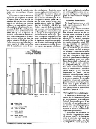 la é o terceiro local de trabalho mais
citado entre os psicólogos clínicos
(7,2%).
A discussão do local de trabalho é
importante por tangenciar a questão
da democratização dos serviços do
psicólogo. Há, de fato, uma reduzida
inserção do psicólogo nos serviços
públicos — o poder público (munici-
pal , estadual e federal) mantém, ape-
nas, cerca de 26% dos psicólogos que
declararam atuar profissionalmente
(SASS, 1988 p.211). As figuras 5 e 6
mostram, comparando as diversas re-
giões, como se dá a inserção do psicó-
logo no setor público nas áreas da
saúde e educação. No Rio e em São
Paulo, encontramos um índice ligeira-
mente superior à média nacional de
10% de trabalhos em postos de saú-
de, ambulatórios e hospitais, nestas
mesmas regiões, entretanto, encontra-
mos também os maiores índices de
trabalho em consultórios particula-
res. O trabalho em instituições de en-
sino público absorve apenas 34,5%
dos que atuam na área escolar, reve¬
lando-se menor, ainda, nos CRPs-03
(26,3%), 06 (28,6%) e 02 (29,0%).
Embora a questão da democratização
seja bem mais complexa, não deixa de
ser preocupante a constatação de que
os serviços do psicólogo chegam, pre-
ponderantemente, ainda hoje, a par-
celas privilegiadas da população (que
estuda em escolas particulares ou po-
de freqüentar consultórios particula-
res). Romper o elitismo da profissão
requer, certamente, medidas de am-
plo espectro que passam pela forma-
ção de novos profissionais e pela luta
por políticas públicas para a área so-
cial que privilegiem o atendimento
global dos indivíduos e suas múltiplas
necessidades.
Atividades desenvolvidas
Na figura 7, encontramos as ativi-
dades mais freqüentemente desenvol-
vidas pelo psicólogo.
A psicoterapia individual foi citada
por 42,9% dos entrevistados, sendo
esta. atividade exercida por 68,5%
dos que atuam em clínica. A aplica-
ção de testes é a segunda mais fre-
qüente (33,5%) e aparece como uma
atividade que permeia todas as áreas
de atuação, chegando a atingir 48%
dos que trabalham em organizacio-
nal. Olhando-se a figura fica visível o
peso de atividades que, tradicional-
mente, definem o modelo de atuação
do psicólogo. A atividade de mensu¬
ração de características psicológicas
(seja para a intervenção clínica, para
seleção de pessoal ou aconselhamento
psicopedagógico) parece ter o núcleo
básico da identidade profissional, ain-
da hoje. Todavia, como assinala
CARVALHO (1988),"há sinais, em-
bora ainda numericamente inexpres-
sivos, de uma tendência à diversifica-
ção da atuação" (p.235). Uma série
de atividades foi citada por pro-
fissionais que se formaram mais re-
centemente a exemplo de: orientação
a gestantes, pesquisas de mercado,
diagnóstico situacional, assistência a
pacientes clínicos e cirúrgicos, orien-
tação sexual (a partir de 1971) ou,
criação publicitária, estimulação pre-
coce, planejamento de políticas edu-
cacionais (a partir de 1975).
Orientação teórico metodológica
A fragmentação da Psicologia, en-
quanto área de conhecimento, reflete-
se, inevitavelmente, na atuação pro-
fissional. Questionados acerca de que
orientação teórica fundamentava o
seu trabalho, os psicólogos posiciona-
ram-se como se vê na figura 8 que
expressa os dados da primeira orien-
tação citada pelos sujeitos.
O predomínio da psicanálise, co-
mo esperado, é inquestionável, no ge-
ral, aparece com 37,1% das citações,
sendo a orientação mais citada em
todas as áreas de atuação — em clíni-
ca, atinge 57,7%, caindo para 30,9%
 