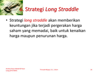 a. Strategi Long Straddle
• Strategi long straddle akan memberikan
keuntungan jika terjadi pergerakan harga
saham yang memadai, baik untuk kenaikan
harga maupun penurunan harga.
Analisis Pasar Modal & Pasar
Uang [STIE MDP]
Trisnadi Wijaya, S.E., S.Kom 26
 