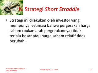 b. Strategi Short Straddle
• Strategi ini dilakukan oleh investor yang
mempunyai estimasi bahwa pergerakan harga
saham (bukan arah pergerakannya) tidak
terlalu besar atau harga saham relatif tidak
berubah.
Analisis Pasar Modal & Pasar
Uang [STIE MDP]
Trisnadi Wijaya, S.E., S.Kom 27
 