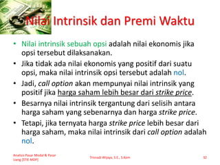 Nilai Intrinsik dan Premi Waktu
• Nilai intrinsik sebuah opsi adalah nilai ekonomis jika
opsi tersebut dilaksanakan.
• Jika tidak ada nilai ekonomis yang positif dari suatu
opsi, maka nilai intrinsik opsi tersebut adalah nol.
• Jadi, call option akan mempunyai nilai intrinsik yang
positif jika harga saham lebih besar dari strike price.
• Besarnya nilai intrinsik tergantung dari selisih antara
harga saham yang sebenarnya dan harga strike price.
• Tetapi, jika ternyata harga strike price lebih besar dari
harga saham, maka nilai intrinsik dari call option adalah
nol.
Analisis Pasar Modal & Pasar
Uang [STIE MDP]
Trisnadi Wijaya, S.E., S.Kom 32
 