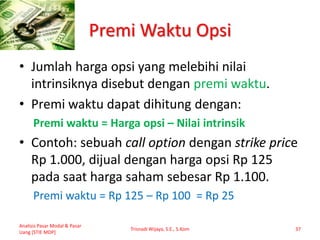 Premi Waktu Opsi
• Jumlah harga opsi yang melebihi nilai
intrinsiknya disebut dengan premi waktu.
• Premi waktu dapat dihitung dengan:
Premi waktu = Harga opsi – Nilai intrinsik
• Contoh: sebuah call option dengan strike price
Rp 1.000, dijual dengan harga opsi Rp 125
pada saat harga saham sebesar Rp 1.100.
Premi waktu = Rp 125 – Rp 100 = Rp 25
Analisis Pasar Modal & Pasar
Uang [STIE MDP]
Trisnadi Wijaya, S.E., S.Kom 37
 
