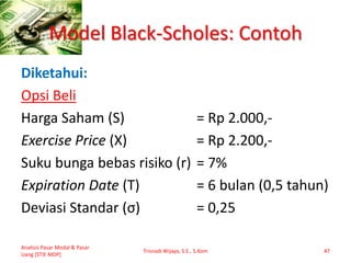 Model Black-Scholes: Contoh
Diketahui:
Opsi Beli
Harga Saham (S) = Rp 2.000,-
Exercise Price (X) = Rp 2.200,-
Suku bunga bebas risiko (r) = 7%
Expiration Date (T) = 6 bulan (0,5 tahun)
Deviasi Standar (σ) = 0,25
Analisis Pasar Modal & Pasar
Uang [STIE MDP]
Trisnadi Wijaya, S.E., S.Kom 47
 