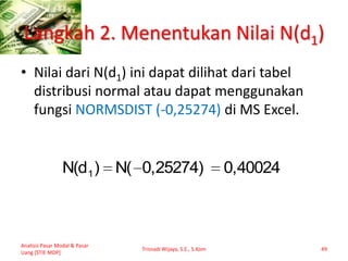 Langkah 2. Menentukan Nilai N(d1)
• Nilai dari N(d1) ini dapat dilihat dari tabel
distribusi normal atau dapat menggunakan
fungsi NORMSDIST (-0,25274) di MS Excel.
Analisis Pasar Modal & Pasar
Uang [STIE MDP]
Trisnadi Wijaya, S.E., S.Kom 49
0,400240,25274)N()N(d1
 