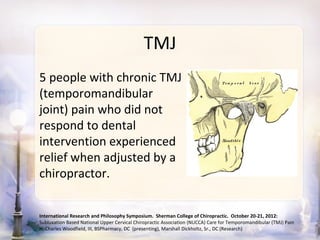 TMJ
5 people with chronic TMJ
(temporomandibular
joint) pain who did not
respond to dental
intervention experienced
relief when adjusted by a
chiropractor.


International Research and Philosophy Symposium. Sherman College of Chiropractic. October 20-21, 2012:
Subluxation Based National Upper Cervical Chiropractic Association (NUCCA) Care for Temporomandibular (TMJ) Pain
H. Charles Woodfield, III, BSPharmacy, DC (presenting), Marshall Dickholtz, Sr., DC (Research)
 