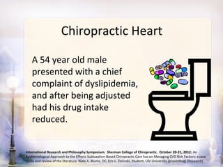 Chiropractic Heart

    A 54 year old male
    presented with a chief
    complaint of dyslipidemia,
    and after being adjusted
    had his drug intake
    reduced.


International Research and Philosophy Symposium. Sherman College of Chiropractic. October 20-21, 2012: An
Epidemiological Approach to the Effects Subluxation-Based Chiropractic Care has on Managing CVD Risk Factors: a case
study and review of the literature Nate A. Blume, DC, Eric L. Zielinski, Student, Life University (presenting) (Research)
 