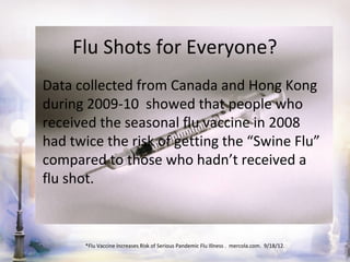 Flu Shots for Everyone?
Data collected from Canada and Hong Kong
during 2009-10 showed that people who
received the seasonal flu vaccine in 2008
had twice the risk of getting the “Swine Flu”
compared to those who hadn’t received a
flu shot.



      *Flu Vaccine Increases Risk of Serious Pandemic Flu Illness . mercola.com. 9/18/12.
 