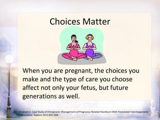 Choices Matter



   When you are pregnant, the choices you
   make and the type of care you choose
   affect not only your fetus, but future
   generations as well.

Peterson C: Case Study of Chiropractic Management of Pregnancy-Related Heartburn With Postulated Fetal Epigenome
Implications. Explore 2012;8(5):304.
 