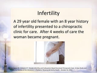 Infertility
  A 29 year old female with an 8 year history
  of infertility presented to a chiropractic
  clinic for care. After 4 weeks of care the
  woman became pregnant.




Schwanz JW, Schwanz JT: Female Infertility and Subluxation-Based Gonstead Chiropractic Care: A Case Study and
Selective Review of the Literature. J. Pediatric, Maternal & Family Health - October 22, 2012.
 