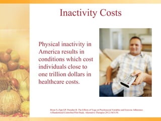 Inactivity Costs


Physical inactivity in
America results in
conditions which cost
individuals close to
one trillion dollars in
healthcare costs.



    Bryan S, Zipp GP, Parasher R: The Effects of Yoga on Psychosocial Variables and Exercise Adherence:
    A Randomized Controlled Pilot Study. Alternative Therapies 2012;18(5):50.
 