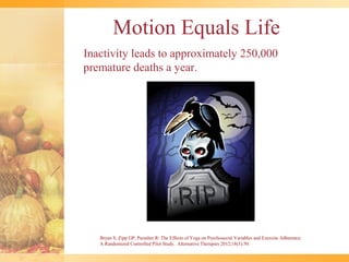 Motion Equals Life
Inactivity leads to approximately 250,000
premature deaths a year.




   Bryan S, Zipp GP, Parasher R: The Effects of Yoga on Psychosocial Variables and Exercise Adherence:
   A Randomized Controlled Pilot Study. Alternative Therapies 2012;18(5):50.
 