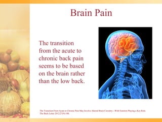 Brain Pain

The transition
from the acute to
chronic back pain
seems to be based
on the brain rather
than the low back.



The Transition From Acute to Chronic Pain May Involve Altered Brain Circuitry—With Emotion Playing a Key Role.
The Back Letter 2012;27(9):100.
 