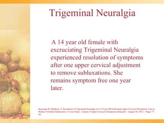 Trigeminal Neuralgia

            A 14 year old female with
            excruciating Trigeminal Neuralgia
            experienced resolution of symptoms
            after one upper cervical adjustment
            to remove subluxations. She
            remains symptom free one year
            later.


Kessinger R, Matthews A: Resolution of Trigeminal Neuralgia in a 14 Year Old Following Upper Cervical Chiropractic Care to
Reduce Vertebral Subluxation: A Case Study. Journal of Upper Cervical Chiropractic Research ~ August 30, 2012 ~ Pages 77-
84.
 