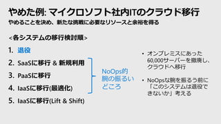 ᤿: ޥեITΥ饦
뤳ȤQᡢ¤˱Ҫʥ꥽`ԣä
<ƥЗӑ>
1. 
2. SaaS & Ҏ
3. PaaS
4. IaaS(m)
5. IaaS(Lift & Shift)
NoOps
뤤
ɤ
? ץߥˤä
60,000`Щ`򳷎
饦ɤ
? NoOps뤦ǰ
Υƥۤ
ʤ
 