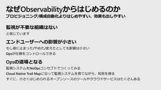 ʤObservabilityϤΤ
ץӥ˥/ԄӻϤ䤹䤹
OҕҪʽMϤʤ
ŤƤޤ
ɥ``ؤӰ푤С
⤷ֹޤä/᤿/䤨ȤƤӰ푤С
Ops˘򥳥ȥ`Ǥ
OpsεȤʤ
OҕƥNoOps󥻥ץȤǤĤäƤߤ
Cloud Native Trail MapؤäƱOҕƥƤʤ顢֪Ҋä
ˡСϤ륪`ץ󥽩`Υĩ`䥯饦ɥ`ӥϤ󤢤
 