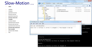 • clean
• validate
• initialize
• generate-sources
• process-sources
• generate-resources
• process-resources
• compile
• process-classes
• generate-test-sources
• process-test-sources
• generate-test-resources
• process-test-resources
• test-compile
• process-test-classes
• test
[INFO] --- maven-clean-plugin:2.5:clean (default-clean) @ MavenDemo ---
[INFO] Deleting C:WorkspaceMavenWorkshopMavenDemotarget
[INFO] --- maven-resources-plugin:2.6:resources (default-resources) @ MavenDemo ---
[INFO] Using 'UTF-8' encoding to copy filtered resources.
[INFO] Copying 1 resource
[INFO]
[INFO] --- maven-compiler-plugin:3.1:compile (default-compile) @ MavenDemo ---
[INFO] Changes detected - recompiling the module!
[INFO] Compiling 1 source file to C:WorkspaceMavenWorkshopMavenDemotargetclasses
[INFO]
[INFO] --- maven-resources-plugin:2.6:testResources (default-testResources) @ MavenDemo ---
[INFO] Using 'UTF-8' encoding to copy filtered resources.
[INFO] Copying 1 resource
[INFO]
[INFO] --- maven-compiler-plugin:3.1:testCompile (default-testCompile) @ MavenDemo ---
[INFO] Changes detected - recompiling the module!
[INFO] Compiling 1 source file to C:WorkspaceMavenWorkshopMavenDemotargettest-classes
[INFO] --- maven-compiler-plugin:3.1:testCompile (default-testCompile) @ MavenDemo ---
[INFO] Changes detected - recompiling the module!
[INFO] Compiling 1 source file to C:WorkspaceMavenWorkshopMavenDemotargettest-classes
[INFO]
[INFO] --- maven-surefire-plugin:2.12.4:test (default-test) @ MavenDemo ---
[INFO] Surefire report directory: C:WorkspaceMavenWorkshopMavenDemotargetsurefire-
reports
-------------------------------------------------------
T E S T S
-------------------------------------------------------
Running HelloMavenTest
Tests run: 4, Failures: 0, Errors: 0, Skipped: 0, Time elapsed: 0.016 sec
Results :
Tests run: 4, Failures: 0, Errors: 0, Skipped: 0
Slow-Motion …
 