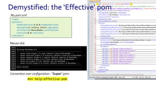 <?xml>
<project>
<modelVersion>4.0.0</modelVersion>
<groupId>nl.ordina.jtech</groupId>
<artifactId>MavenDemo</artifactId>
<version>0.0</version>
</project>
[INFO] ------------------------------------------------------------------------
[INFO] Building MavenDemo 0.0
[INFO] ------------------------------------------------------------------------
[INFO] --- maven-clean-plugin:2.5:clean (default-clean) @ MavenDemo ---
[INFO] --- maven-resources-plugin:2.6:resources (default-resources) @ MavenDemo ---
[INFO] --- maven-compiler-plugin:3.1:compile (default-compile) @ MavenDemo ---
[INFO] --- maven-surefire-plugin:2.12.4:test (default-test) @ MavenDemo ---
[INFO] --- maven-jar-plugin:2.4:jar (default-jar) @ MavenDemo ---
[INFO] --- maven-install-plugin:2.4:install (default-install) @ MavenDemo ---
[INFO] ------------------------------------------------------------------------
[INFO] BUILD SUCCESS
[INFO] ------------------------------------------------------------------------
Convention over configuration : “Super” pom
mvn help:effective-pom
Demystified: the ‘Effective’ pom
My pom.xml:
Maven did:
 