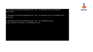 c:MavenReponlbertkoorMavenDemo0.0> java -cp MavenDemo-0.0.jar HelloMaven
Hello Maven!
c:MavenReponlbertkoorMavenDemo0.0> java -cp MavenDemo-0.0.jar HelloMaven Bert
Hello Bert!
c:MavenReponlbertkoorMavenDemo0.0> java -jar MavenDemo-0.0.jar
no main manifest attribute, in MavenDemo-0.0.jar
 