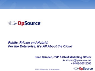 Public, Private and Hybrid:
For the Enterprise, It’s All About the Cloud


                  Keao Caindec, SVP & Chief Marketing Officer
                                      kcaindec@opsource.net
                                             +1-408-567-2006

                  © 2010 OpSource, Inc. All rights reserved.
 