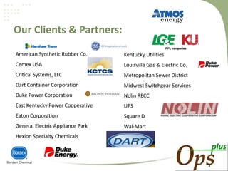 Our Clients & Partners:
American Synthetic Rubber Co.     Kentucky Utilities
Cemex USA                         Louisville Gas & Electric Co.
Critical Systems, LLC             Metropolitan Sewer District
Dart Container Corporation        Midwest Switchgear Services
Duke Power Corporation            Nolin RECC
East Kentucky Power Cooperative   UPS
Eaton Corporation                 Square D
General Electric Appliance Park   Wal-Mart
Hexion Specialty Chemicals
 