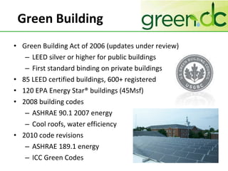 Green Building Green Building Act of 2006 (updates under review) LEED silver or higher for public buildings First standard binding on private buildings 85 LEED certified buildings, 600+ registered 120 EPA Energy Star® buildings (45Msf) 2008 building codes ASHRAE 90.1 2007 energy Cool roofs, water efficiency 2010 code revisions ASHRAE 189.1 energy ICC Green Codes 