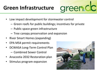 Green Infrastructure Low impact development for stormwater control Green roofs for public buildings; incentives for private Public space green infrastructure Tree canopy preservation and expansion River Smart Homes (expanding) EPA MS4 permit requirements DCWASA Long-Term Control Plan  Combined Sewer Control Anacostia 2032 Restoration plan Stimulus program expansion 